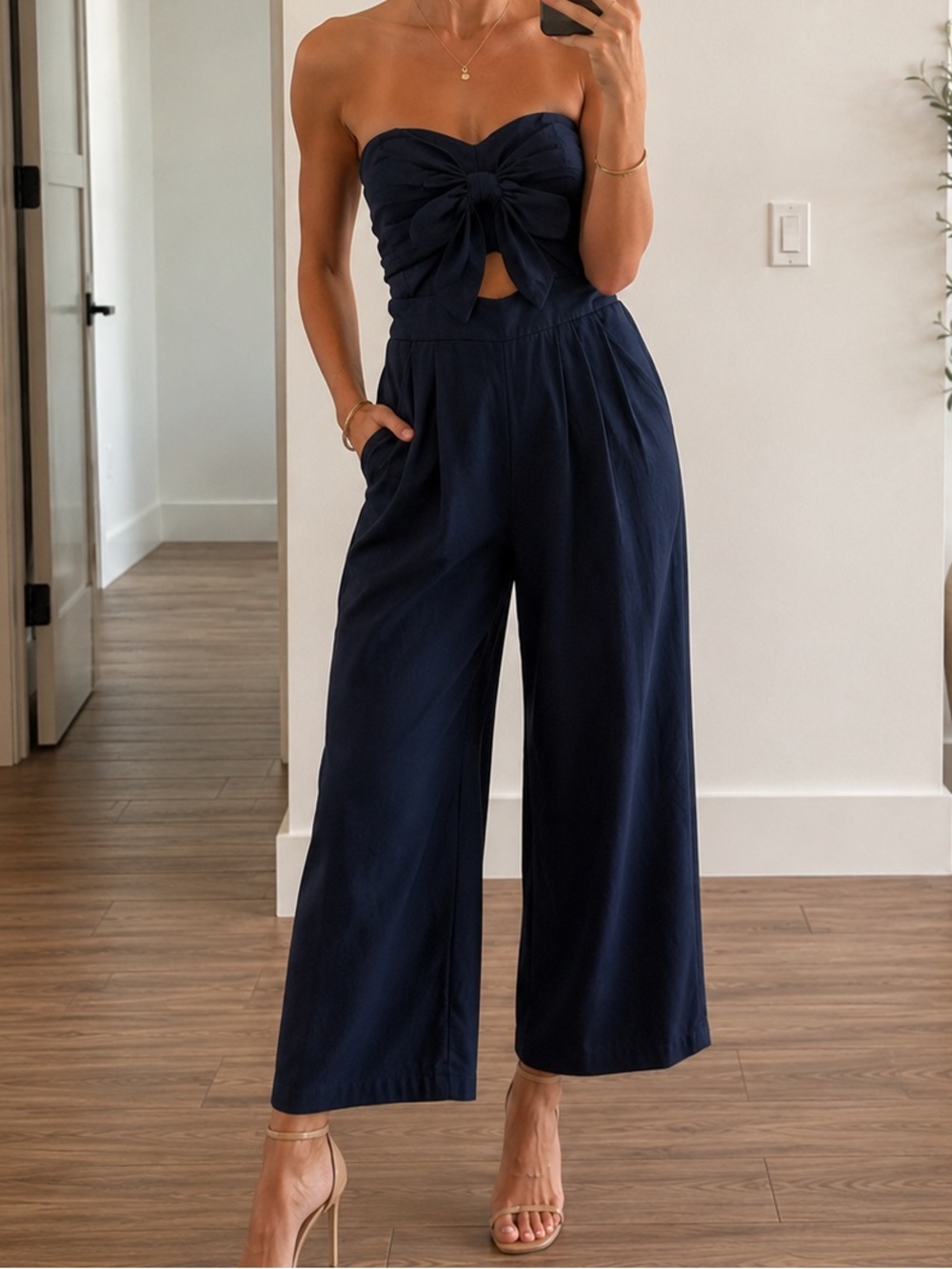 Astr Navy Strapless Wide-Leg Jumpsuit with Front Bow